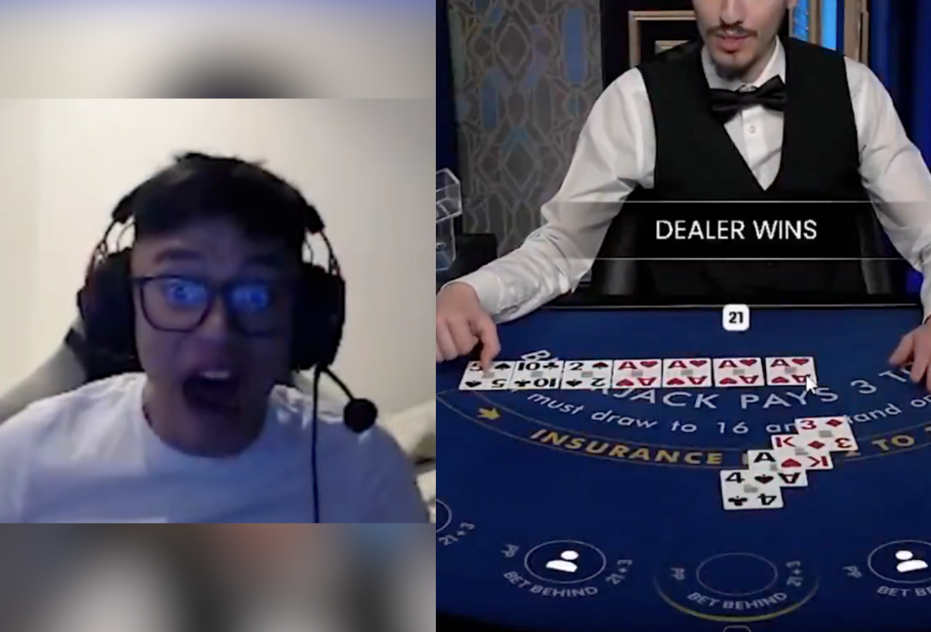 Zdjęcie stołu do blackjacka z kartami i żetonami, symbolizujące dramatyczną rozgrywkę online.