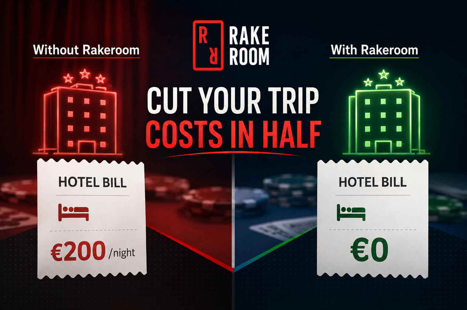 Gracz pokerowy melduje się w hotelu, korzystając z usług Rakeroom