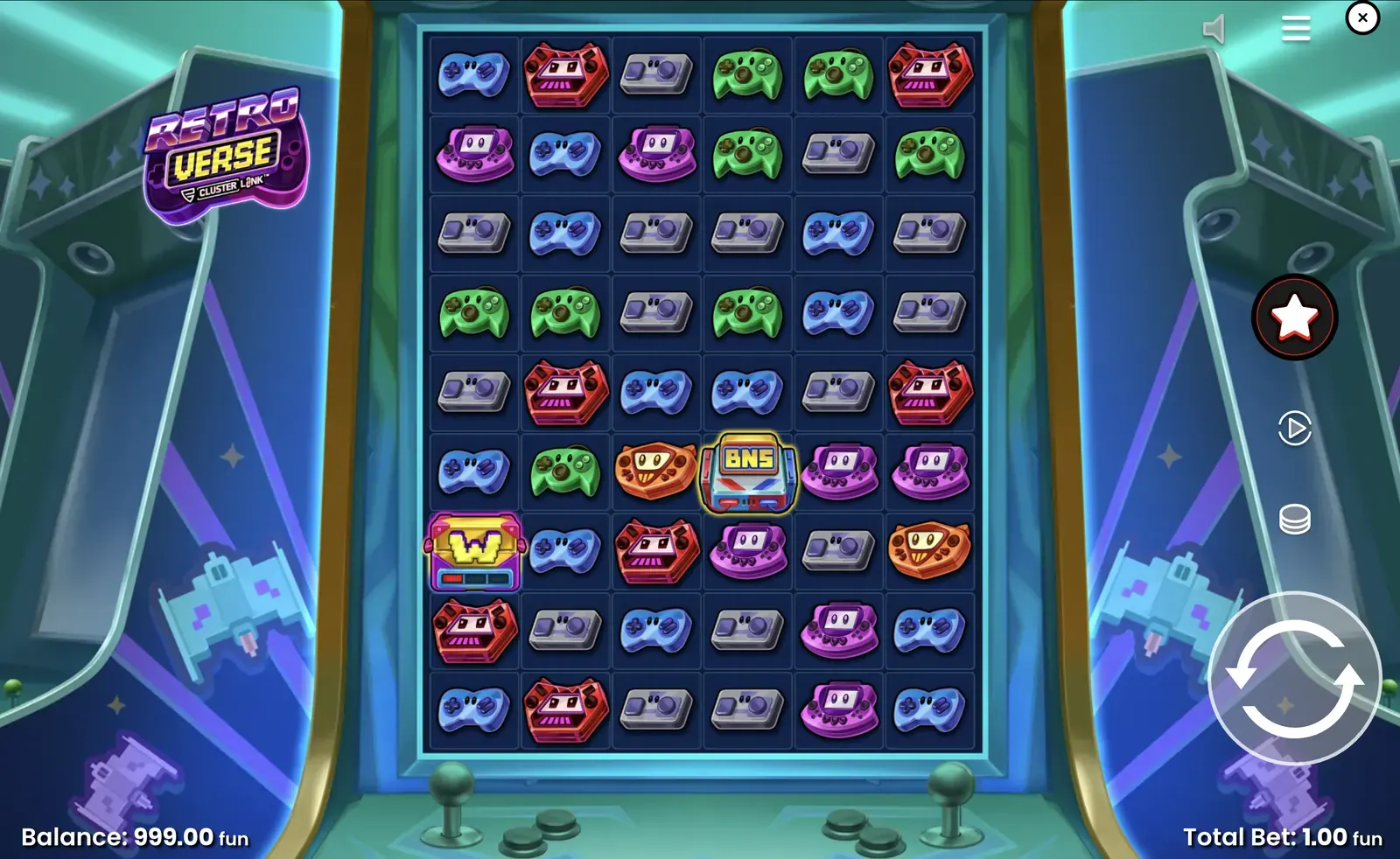 Grafika przedstawiająca automat do gry RetroVerse z motywami z gier wideo z lat 80. na tle stołu do pokera online.