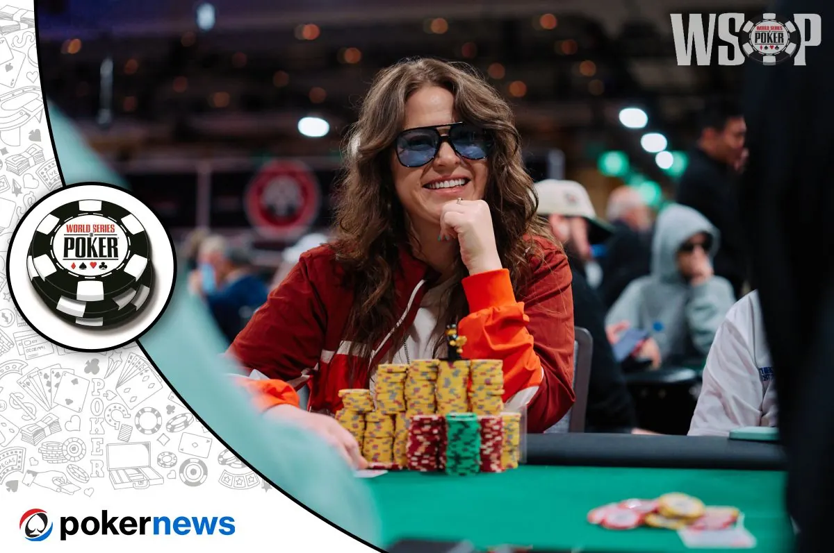 Pokerzystka Caitlin Comeskey przy stole pokerowym podczas turnieju WSOP Main Event