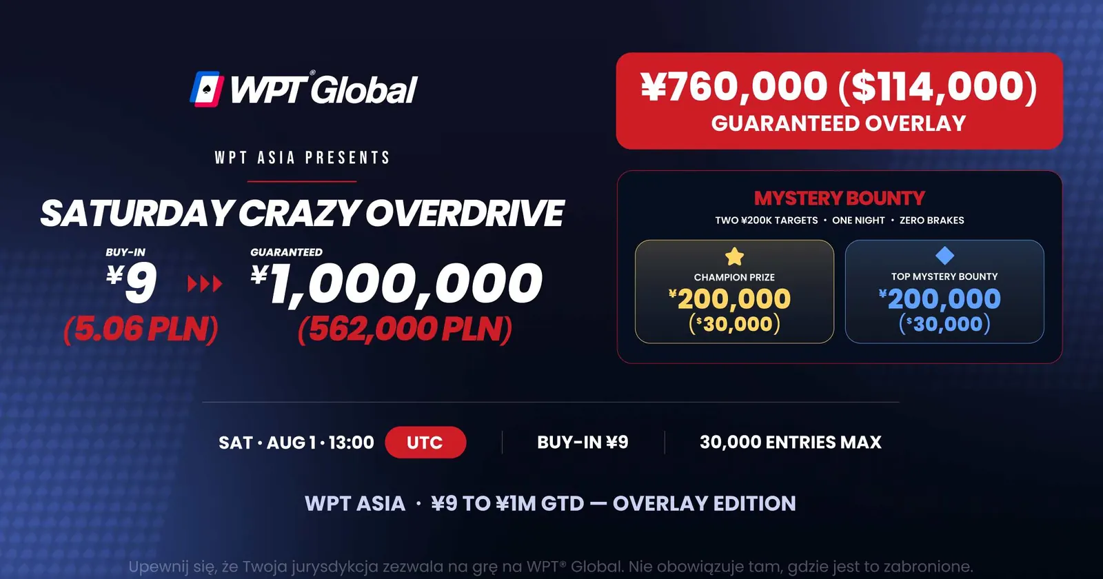 Wirtualny stół pokerowy z logo WPT Global, żetonami i kartami w lobby turniejowym