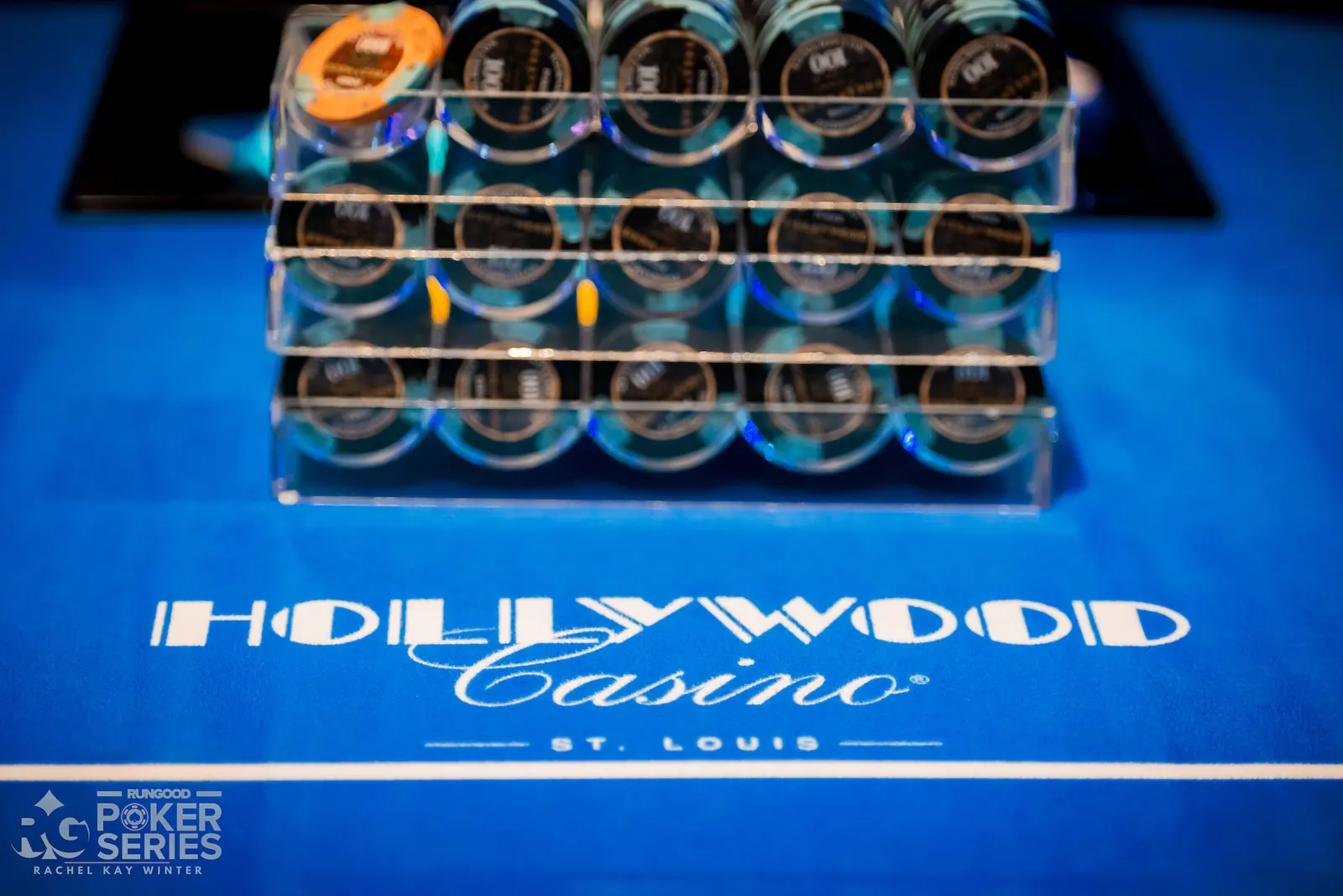 Zdjęcie stołu pokerowego z żetonami i kartami symbolizujące turniej RunGood Poker Series
