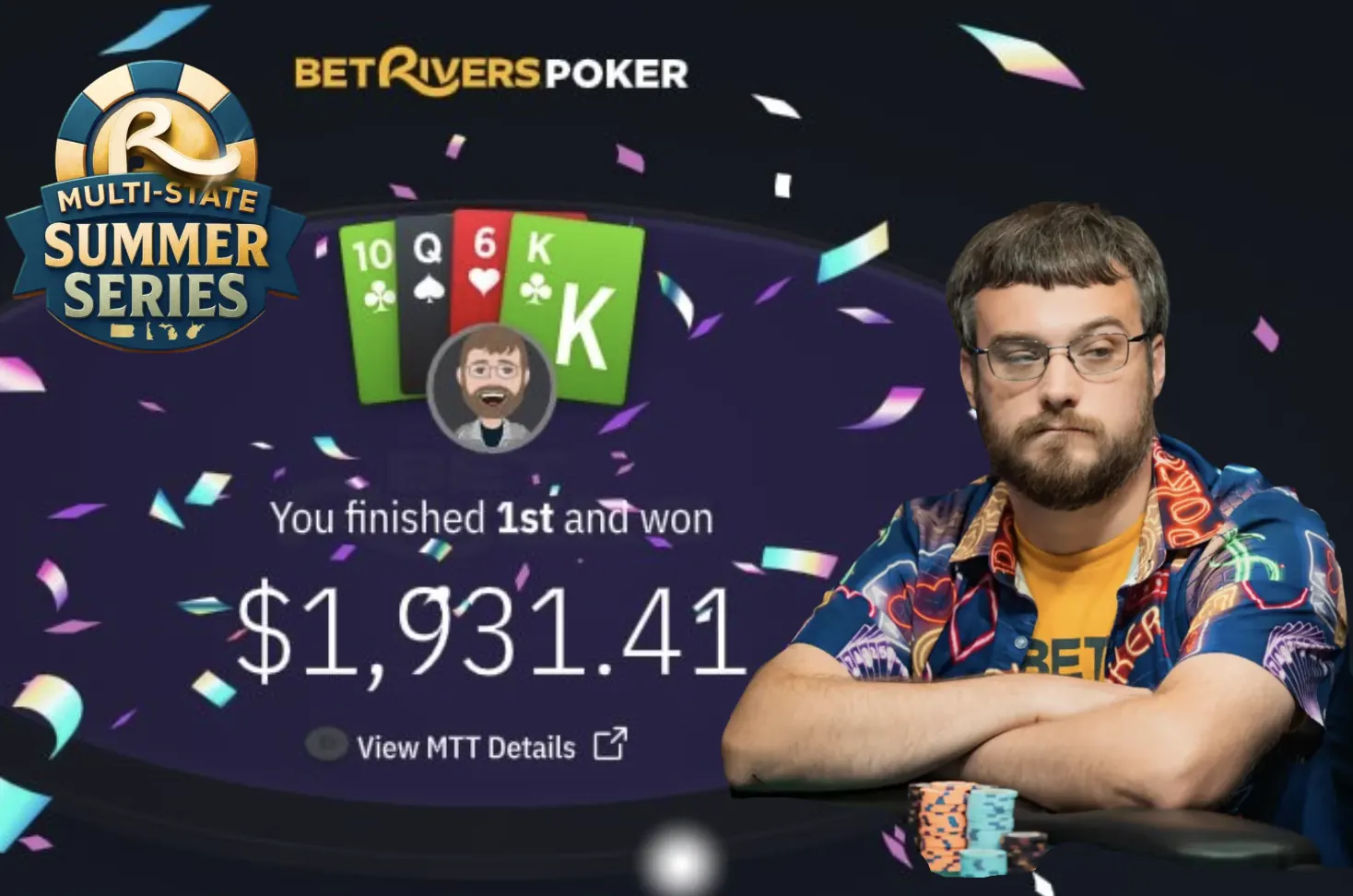 Interfejs turnieju pokerowego online z żetonami i kartami na stole