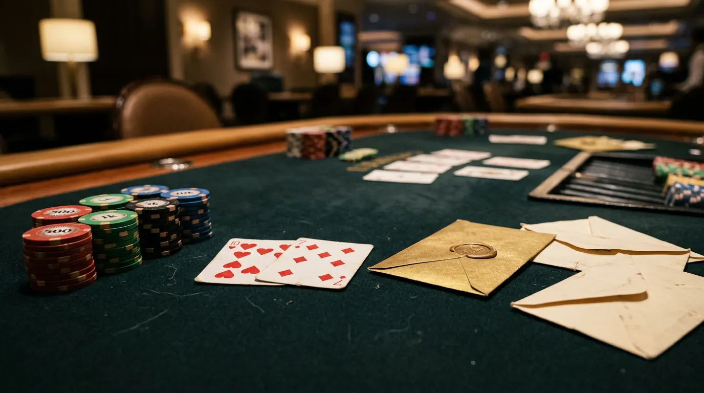 Wirtualny stół pokerowy turnieju Mystery Bounty z żetonami i kartami