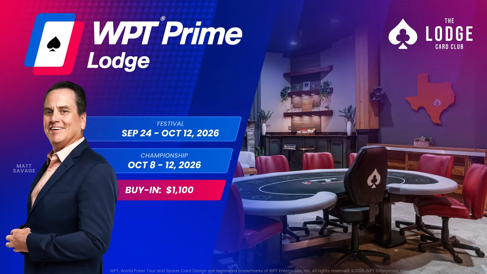 Stół pokerowy z logo WPT Prime podczas turnieju w The Lodge Card Club w Teksasie