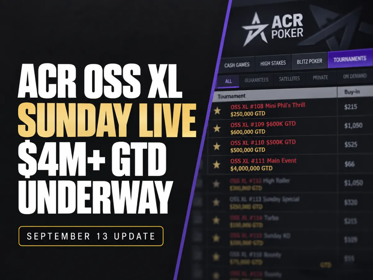 Ekran lobby turniejowego ACR Poker z harmonogramem niedzieli OSS XL, widoczne wpisowe i liczba zgłoszeń