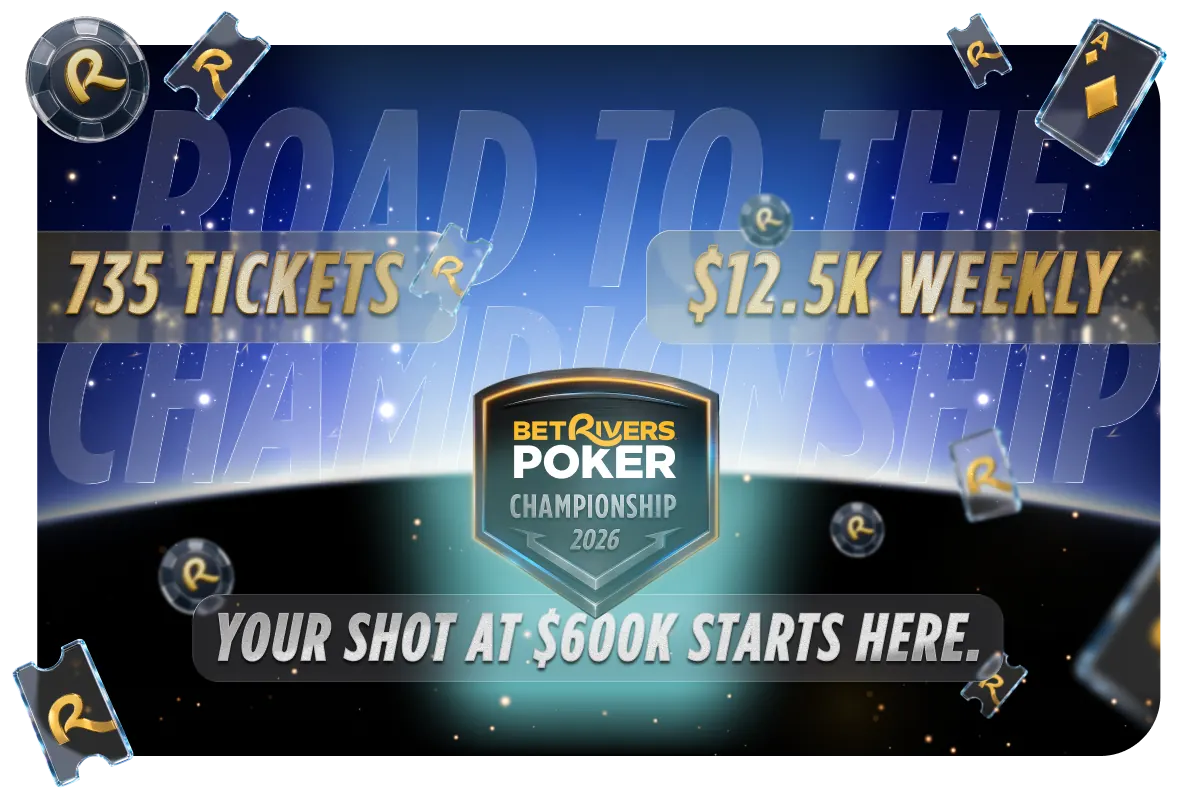 Wirtualny stół pokerowy z kartami i żetonami podczas serii turniejowej BetRivers Poker Championship 2026