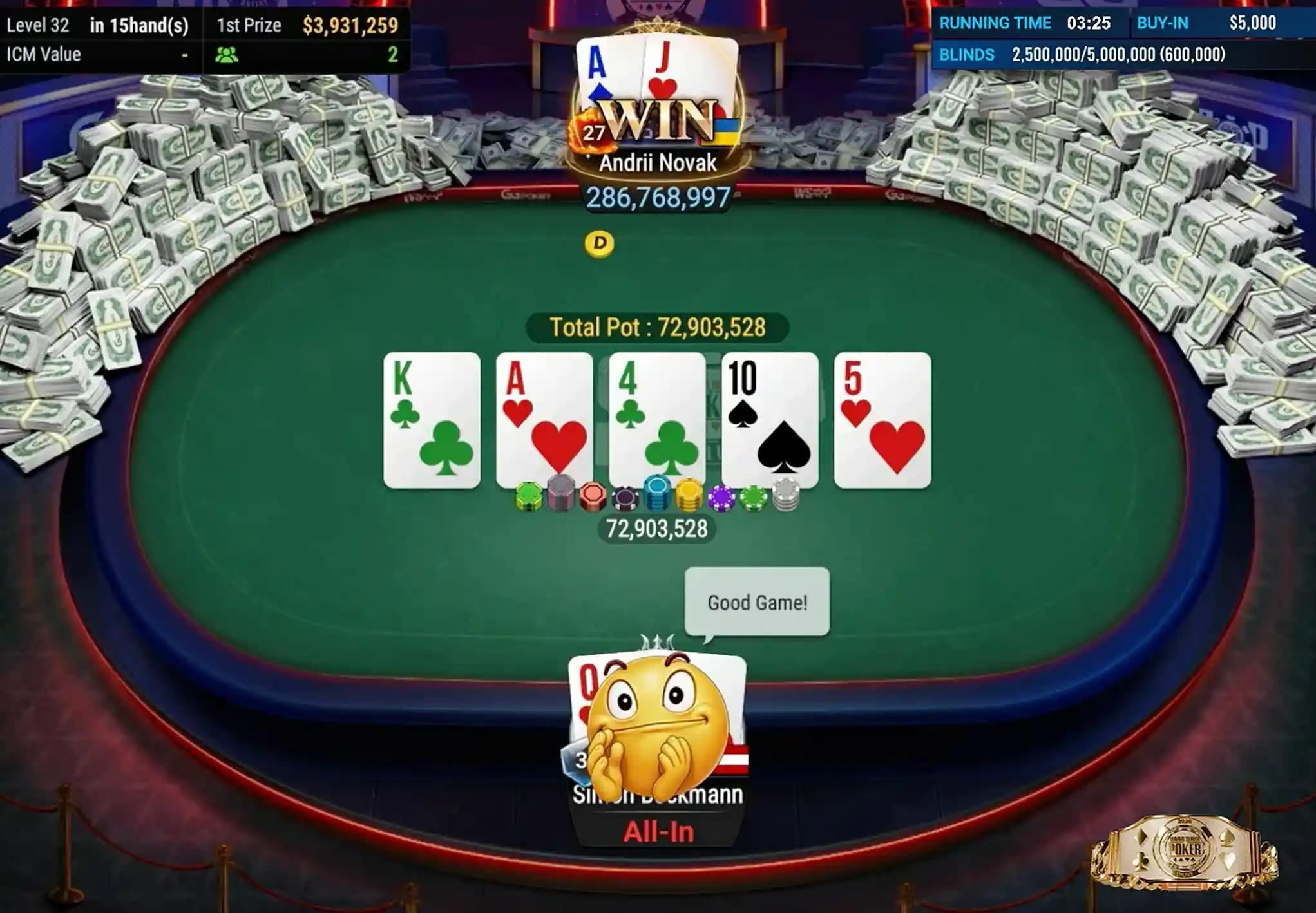 Karty i żetony podczas finału WSOP Online Main Event 2026 na GGPokerze