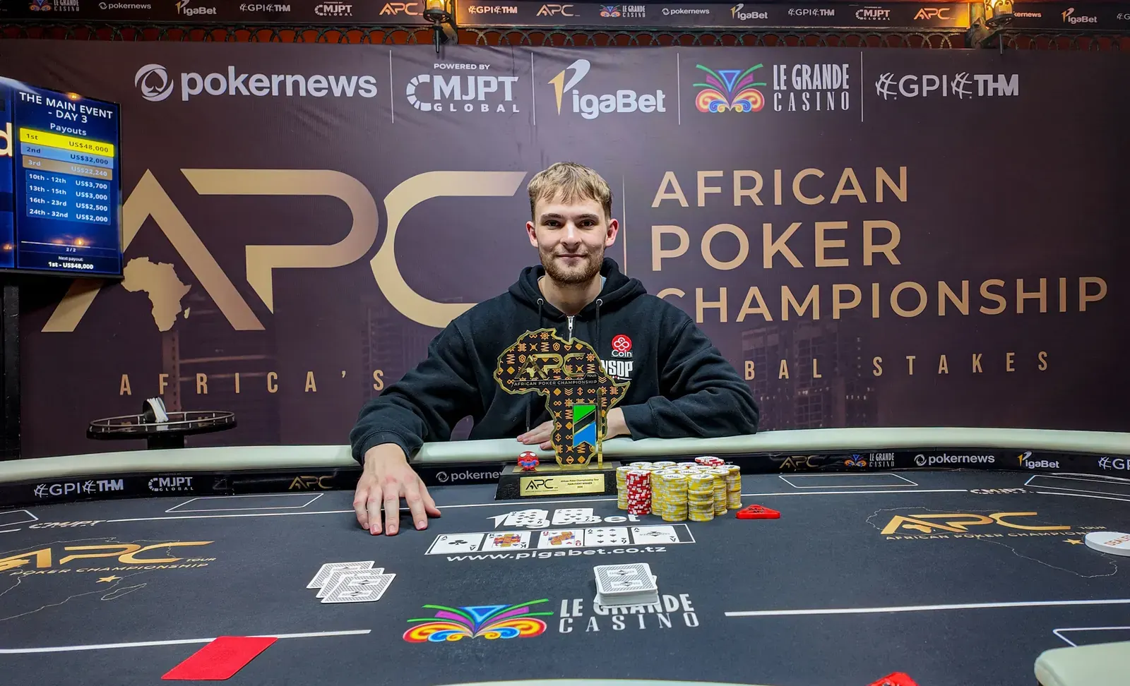Finałowy stół African Poker Championship w Le Grande Casino w Dar es Salaam, Tanzania, październik 2026