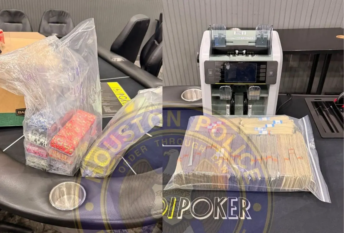 Nalot policji w Houston na poker room 101 Poker Club, funkcjonariusze przy stole z żetonami i gotówką